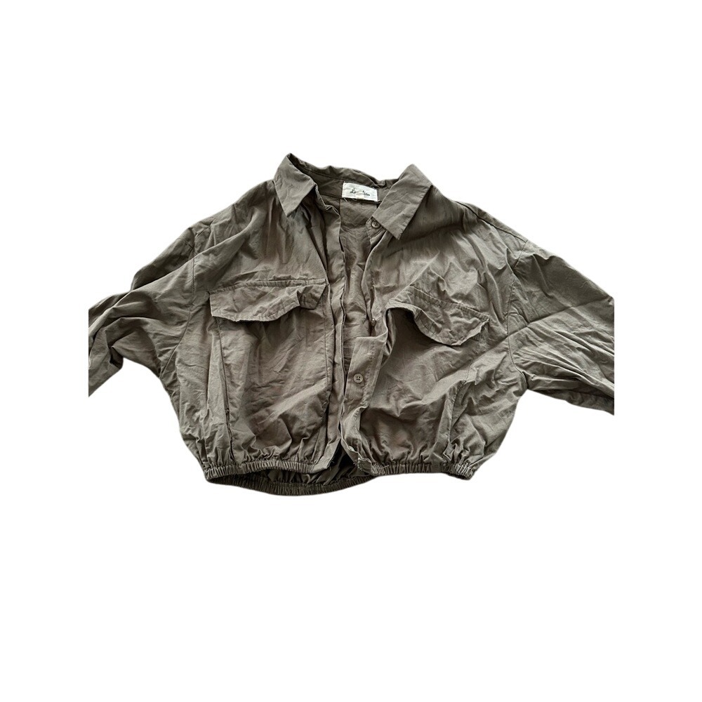 Love Notes Olive Green Cropped‎ Shirt, Balloon Sleeves, Button Down, Size Small